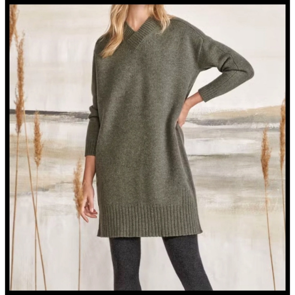 NWT Poetry UK 100% Lambswool V-neck Sweater Tunic Dress Grey Olive US 8 NEW